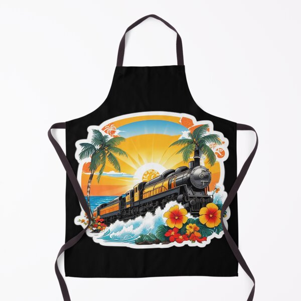 Artikelvorschau, Schwarze Vintage-Lokomotive mit Wellen und hawaiianischen Orchideen entworfen und verkauft von NautiChic.