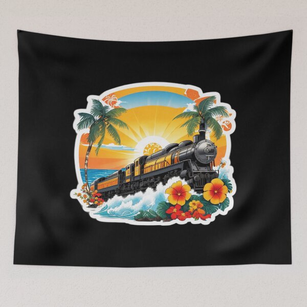 Item preview, Black Vintage Locomotive with Waves and Hawaiian Orchids designed and sold by NautiChic.