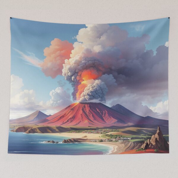 Item preview, A volcano erupting over a beach with krakatoa in the background designed and sold by johndesign88.