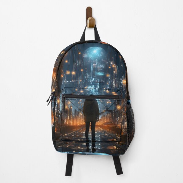 Item preview, a lone figure stands on a bridge amidst the dazzling lights of a night city designed and sold by oilidesing.