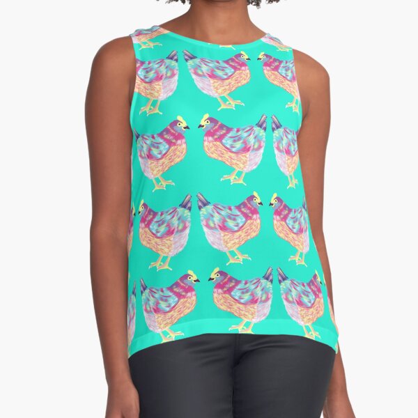 Colorful Chicken On Aqua Background Sleeveless Top