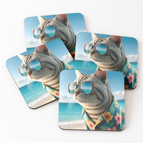 Item preview, Cat with Hawaiian shirt and sunglasses on the beach designed and sold by aikittycats.