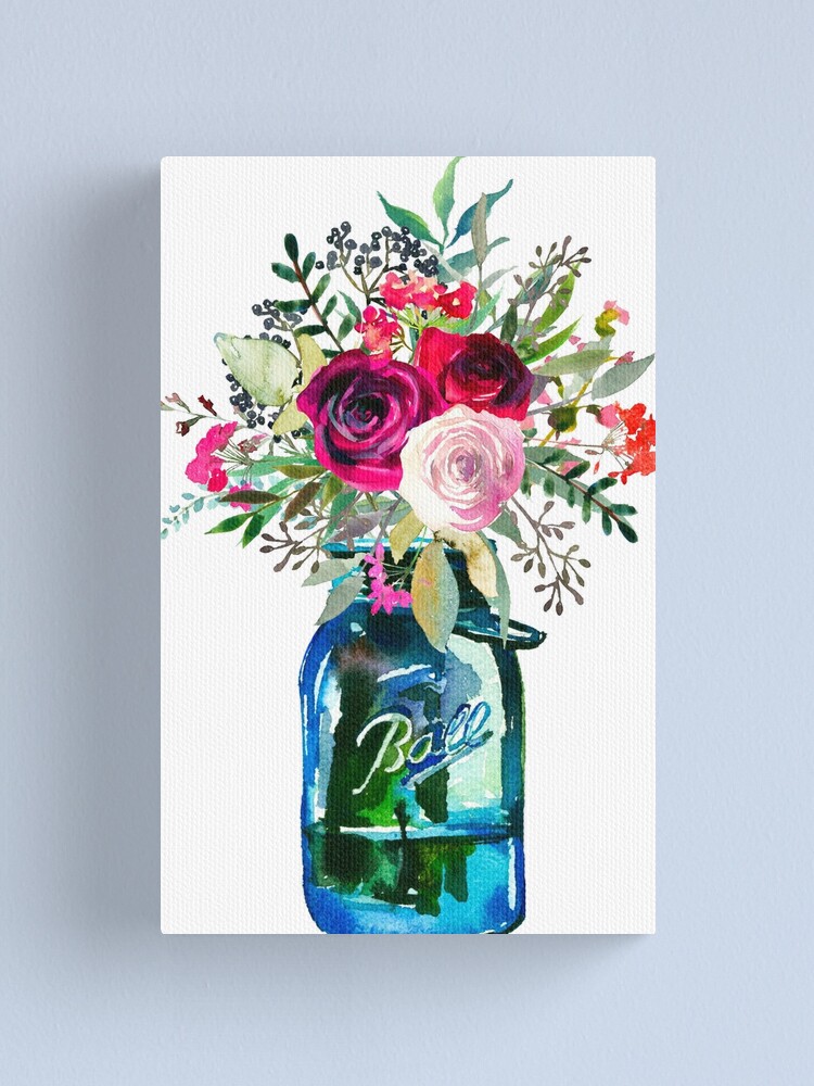 Watercolor Mason Jar Flowers Canvas Print By Southprints Redbubble