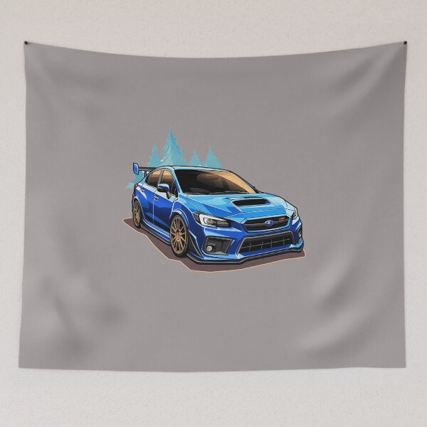 Artikelvorschau, Blauer Hintergrund mit nebligen Bäumen für den Subaru WRX STI entworfen und verkauft von LoonyTunes.