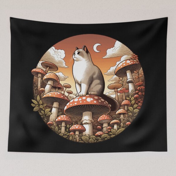 Item preview, Funny Vintage White Cat in Mushroom Garden designed and sold by TomFrontierArt.