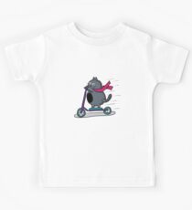 Black cat riding scooter Kids Tee