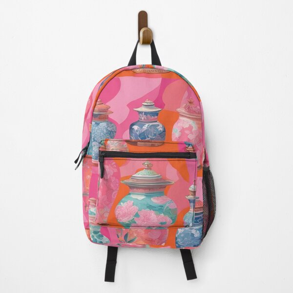 Item preview, Chinoiserie jars on orange and pink designed and sold by SophieClimaArt.