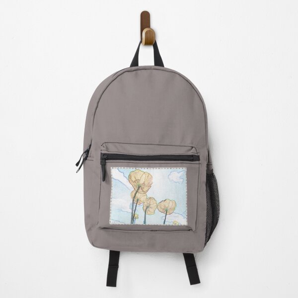 Artikelvorschau, Mohnblumen mit Wolken, gelb-blau-pastellfarbene Bleistiftzeichnung. entworfen und verkauft von evadesignbubble.