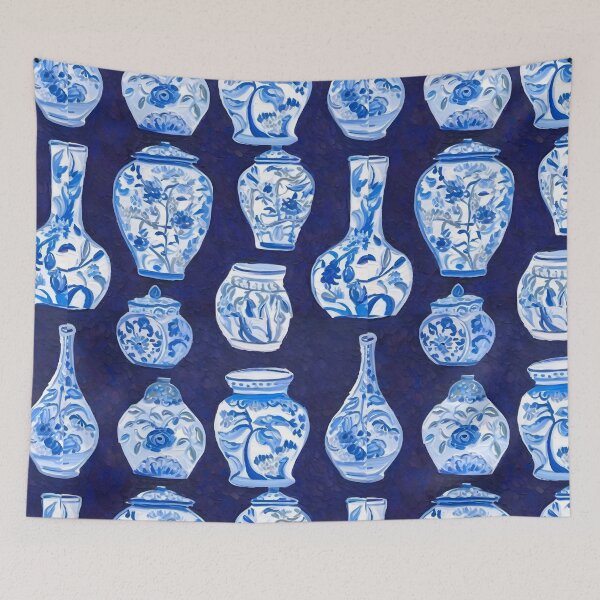 Item preview, Chinoiserie jars on deep blue. Oil painting designed and sold by SophieClimaArt.