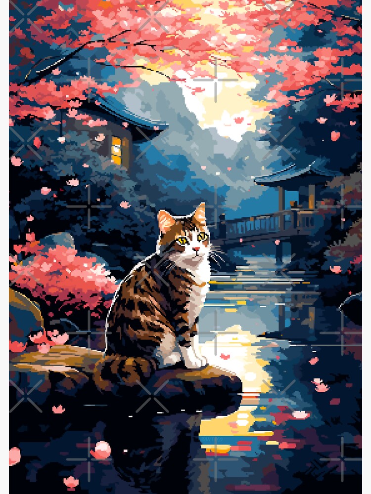 Japan Zen Cat Garden Sakura Painting Pixel Art