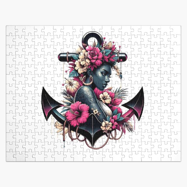 graffiti anchor flowers, surfer t shirt, nautical sticker art, urban art, tropical art Jigsaw Puzzle