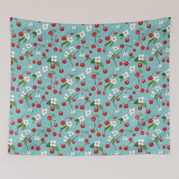 Item preview, Cherry and blossom on blue background designed and sold by Rebelka.
