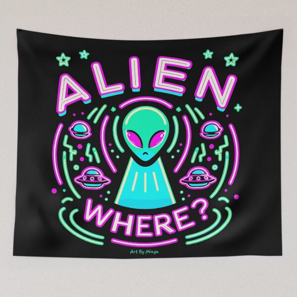 Item preview, Art By Minga Neon Purple and Teal Alien Where? Design designed and sold by Artbyminga.
