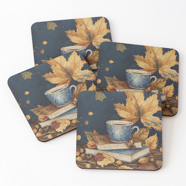 Item preview, Coffee Cup on the stack of books with maple leaves designed and sold by WarmHeartedArt.