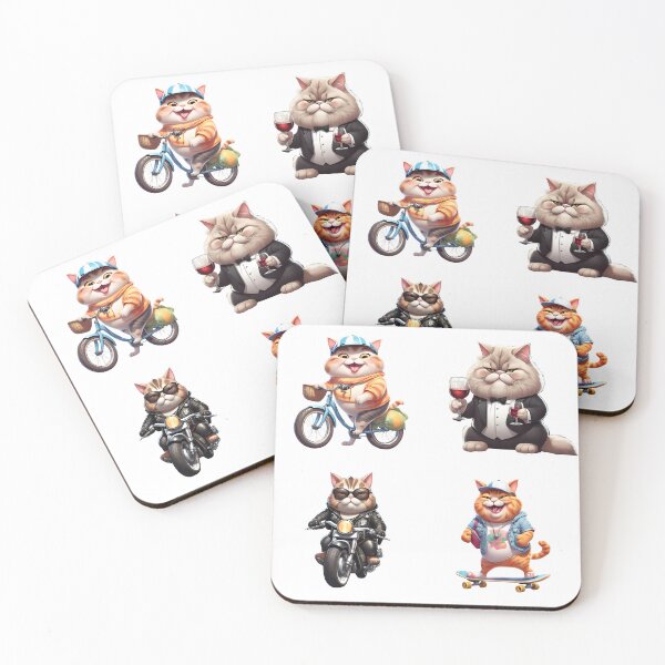 Item preview, Chubby Bicyclist Cat, Wine Drinker Cat, Big Biker Kitty, Skateboarder Kitty Sticker Pack designed and sold by Keffy.