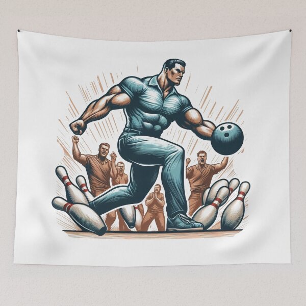 Item preview,  A  man playing bowling, achieving a strike, and the pins toppling down, with the crowd cheering in excitement. designed and sold by PaintMeWorld.