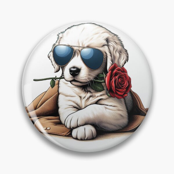 Item preview, A white Golden Retriever puppy, wearing sunglasses and holding a red rose in its mouth, sits elegantly on a suede side walk, presenting a charming and adorable sight. designed and sold by PaintMeWorld.