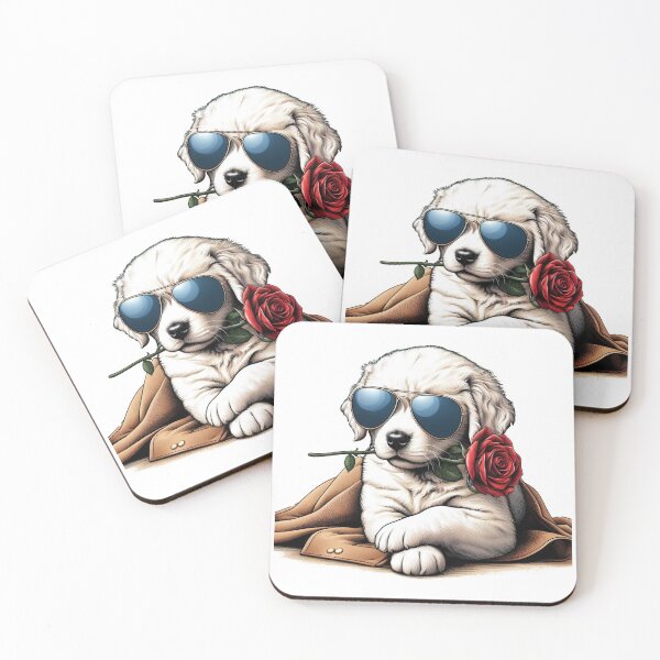 Item preview, A white Golden Retriever puppy, wearing sunglasses and holding a red rose in its mouth, sits elegantly on a suede side walk, presenting a charming and adorable sight. designed and sold by PaintMeWorld.
