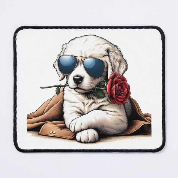 Item preview, A white Golden Retriever puppy, wearing sunglasses and holding a red rose in its mouth, sits elegantly on a suede side walk, presenting a charming and adorable sight. designed and sold by PaintMeWorld.