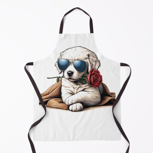 Item preview, A white Golden Retriever puppy, wearing sunglasses and holding a red rose in its mouth, sits elegantly on a suede side walk, presenting a charming and adorable sight. designed and sold by PaintMeWorld.