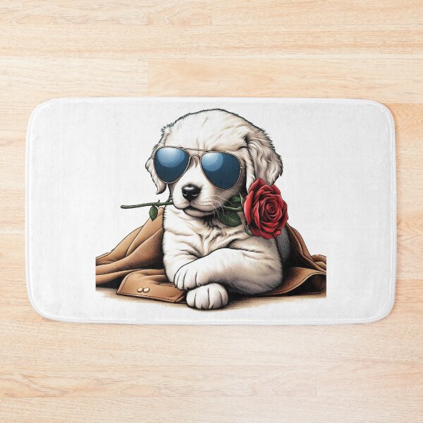 Item preview, A white Golden Retriever puppy, wearing sunglasses and holding a red rose in its mouth, sits elegantly on a suede side walk, presenting a charming and adorable sight. designed and sold by PaintMeWorld.