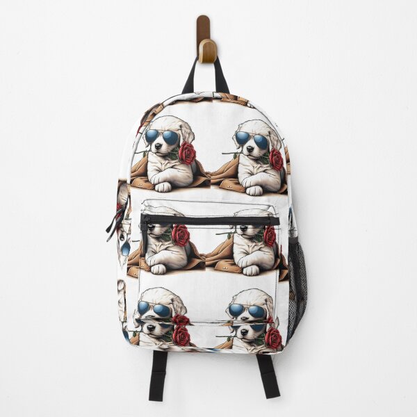 Item preview, A white Golden Retriever puppy, wearing sunglasses and holding a red rose in its mouth, sits elegantly on a suede side walk, presenting a charming and adorable sight. designed and sold by PaintMeWorld.