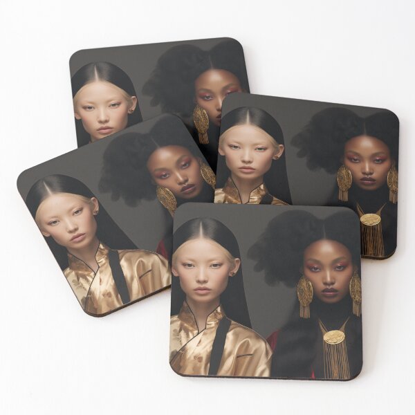 Item preview, Chinese and Afro American woman, models posing, close up portrait, luxury, aesthetic. Black background. Fashion editorial. Gold details. designed and sold by SoccerMomAlex.