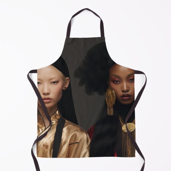 Item preview, Chinese and Afro American woman, models posing, close up portrait, luxury, aesthetic. Black background. Fashion editorial. Gold details.	 designed and sold by SoccerMomAlex.