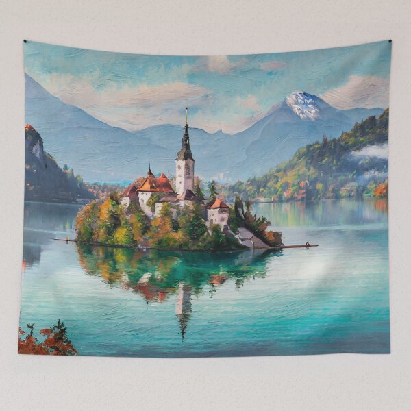 Artikelvorschau, Wunderschöner Bleder See und Kirche Slowenien Kunstdruck entworfen und verkauft von MakeInShop.