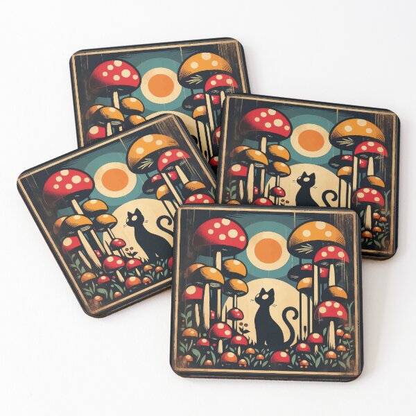 Item preview, Funny Vintage Black Cat in Mushroom Garden designed and sold by TomFrontierArt.