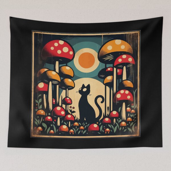 Item preview, Funny Vintage Black Cat in Mushroom Garden designed and sold by TomFrontierArt.