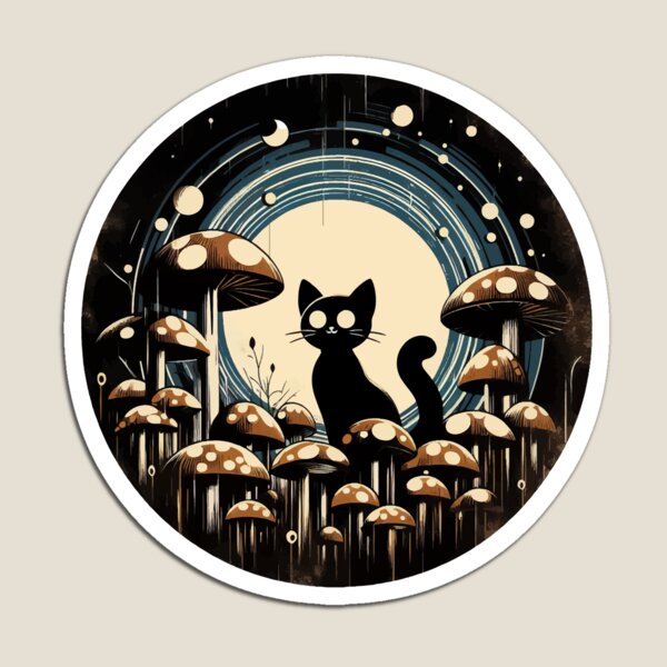 Aperçu de l'œuvre Chat noir vintage drôle dans le jardin de champignons créée et vendue par TomFrontierArt.