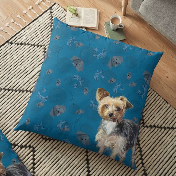 Yorkie on blue Floor Pillow