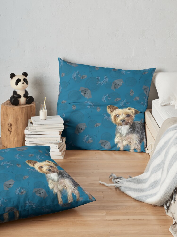Alternate view of Yorkie on blue Floor Pillow