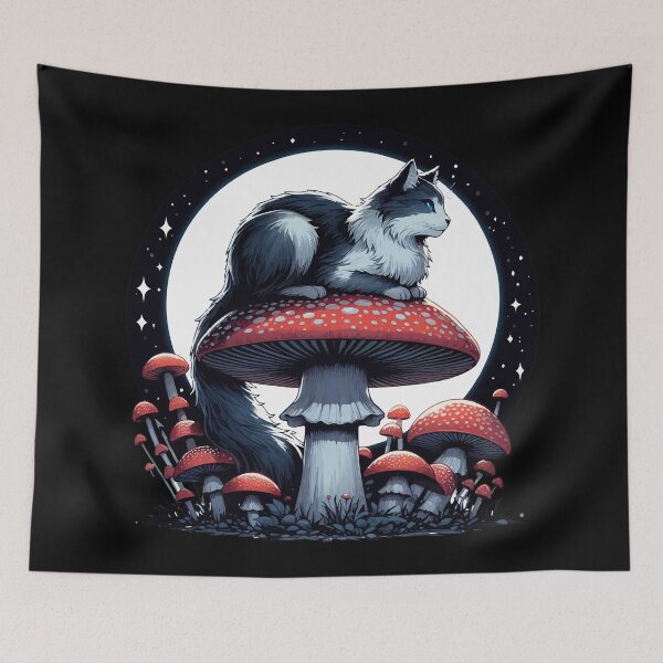 Item preview, Funny Vintage Gray Cat in Mushroom Garden designed and sold by TomFrontierArt.