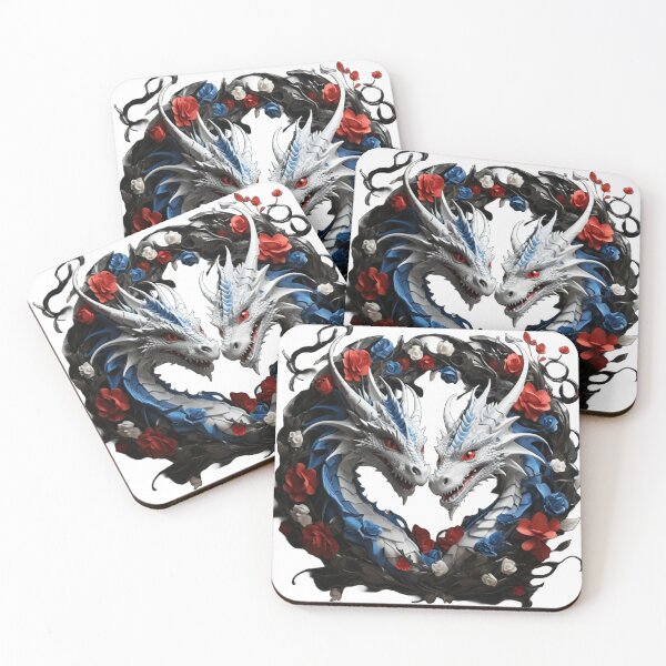 Item preview, White and Blue Dragon Duo with Colourful Roses designed and sold by Cloe Dauplais.