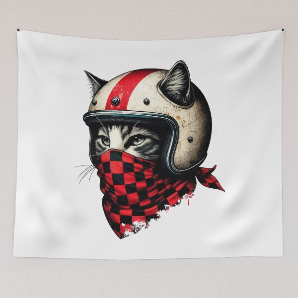 Item preview, Retro Vintage Funny Gray Cat in Cool Helmet designed and sold by TomFrontierArt.