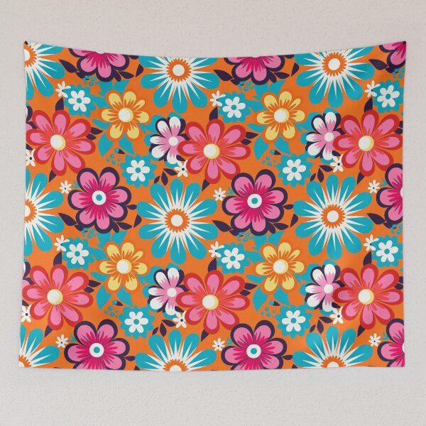 Item preview, Psychedelic Vibrant 60s Retro Flowers in Orange, Pink and Turquoise designed and sold by EtherealEchoes.