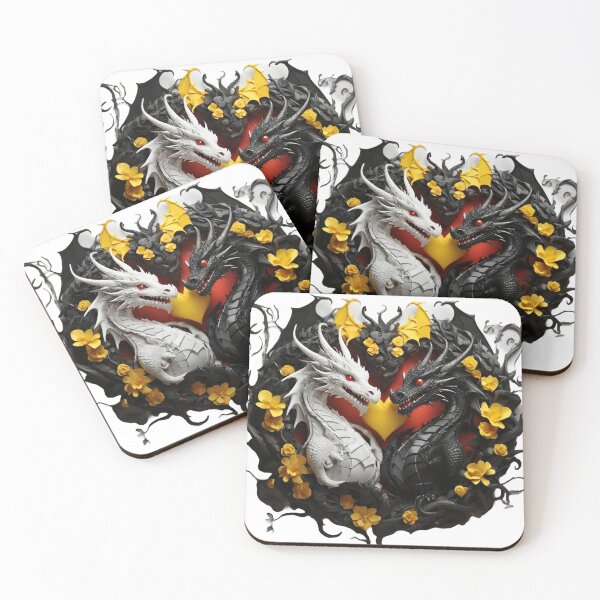 Item preview, Black and White Dragon Duo with Yellow Flowers designed and sold by Cloe Dauplais.