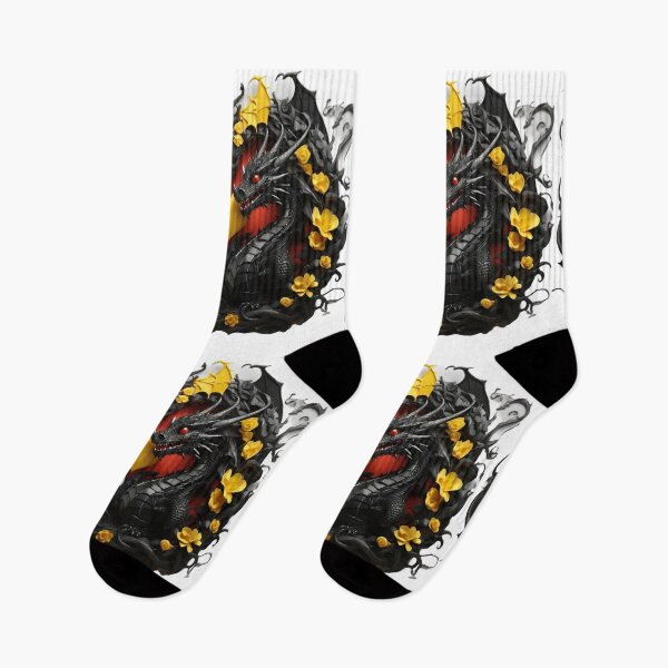 Item preview, Black and White Dragon Duo with Yellow Flowers designed and sold by Cloe Dauplais.