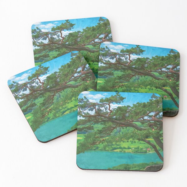 Item preview, Mountain view over a turquoise lake surrounded by fields and forest in watercolor designed and sold by Intermundium.