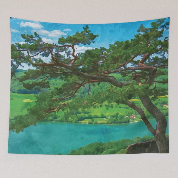 Item preview, Mountain view over a turquoise lake surrounded by fields and forest in watercolor designed and sold by Intermundium.