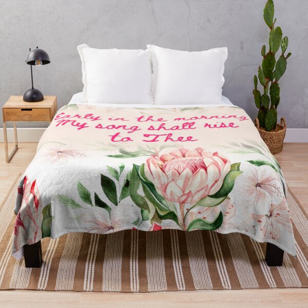 Item preview, Early in the Morning My Song Shall Rise to Thee Pink Green Watercolor Floral Bedspread designed and sold by FreedByJesus.