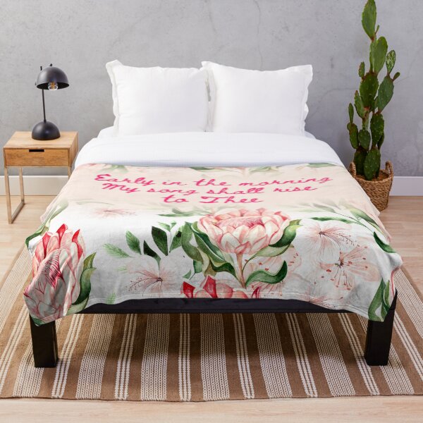 Item preview, Early in the Morning My Song Shall Rise to Thee Pink Green Watercolor Floral Bedspread designed and sold by FreedByJesus.