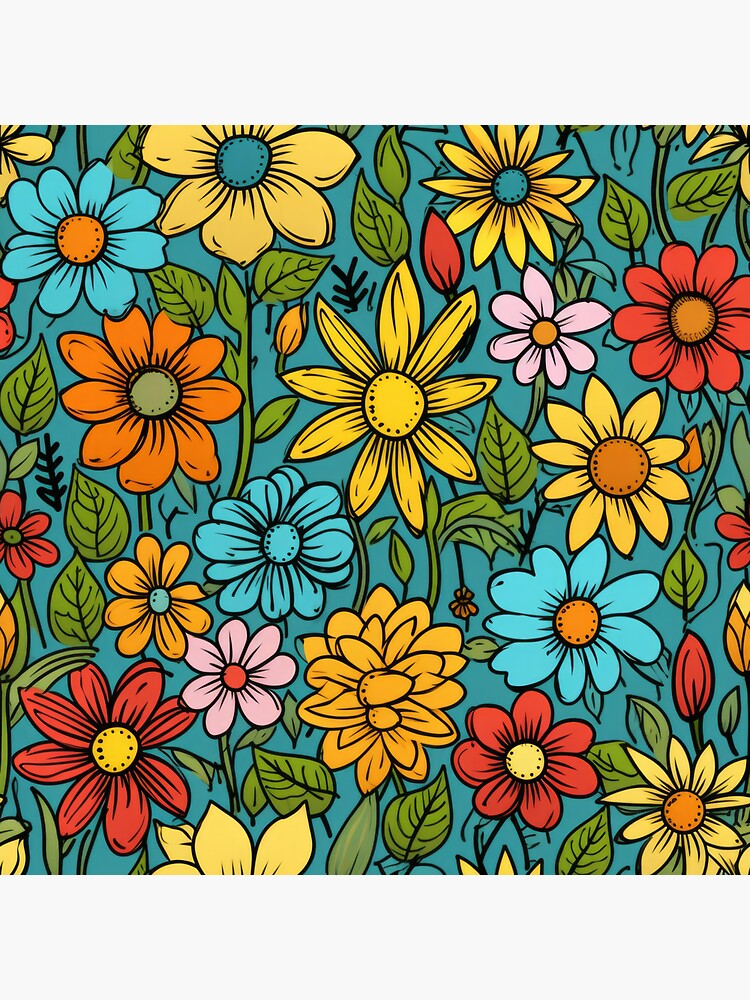 Thumbnail 3 of 3, Sticker, Vibrant Hand-drawn Doodle Flowers in Yellow, Green, Red and Orange designed and sold by EtherealEchoes.