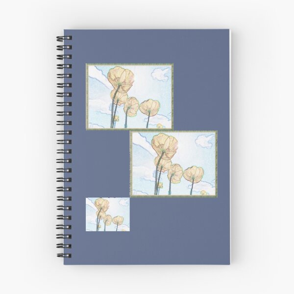 Aperçu de l'œuvre Coquelicots avec nuages, dessin au crayon de couleur jaune-bleu-pastel. créée et vendue par evadesignbubble.