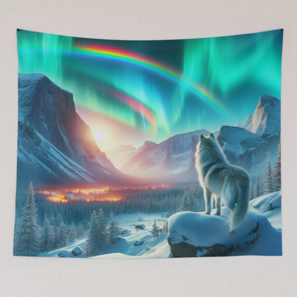Item preview, A white wolf looking at the aurora borealis and a rainbow designed and sold by Theudric.