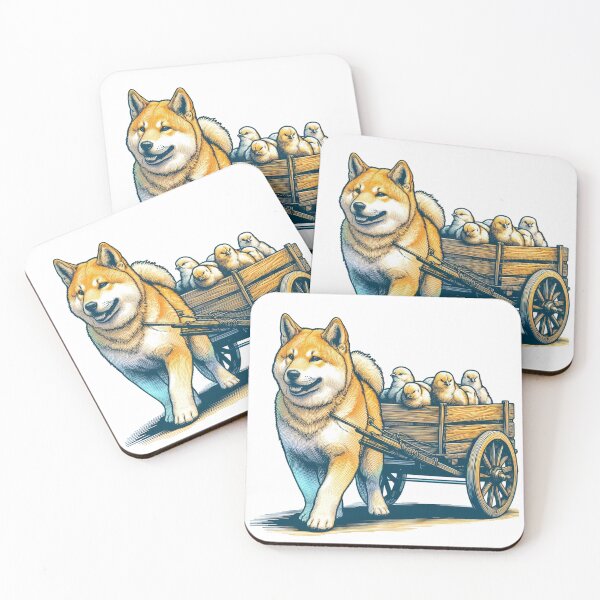 Item preview, " a Jindo dog pulling a small cart made of boards, with a string attached, carrying a few chicks?" designed and sold by PaintMeWorld.