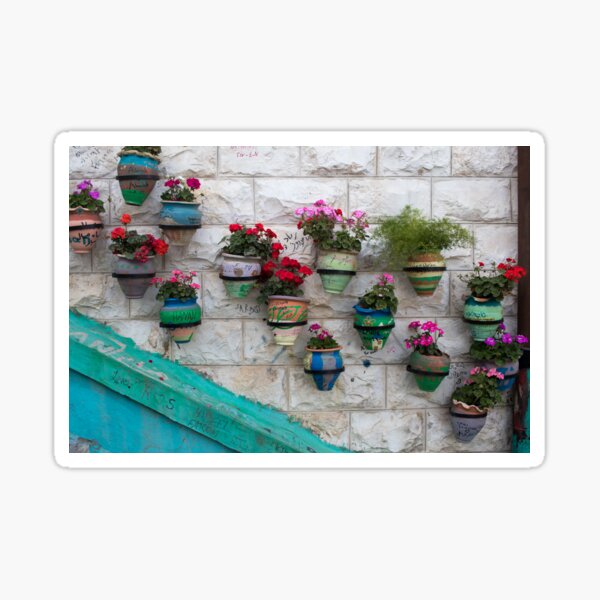 Colorful Flower Pots Along a Brick Wall Sticker