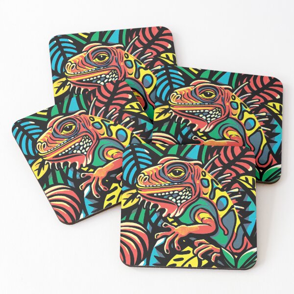 Item preview, A playful Iguana with big, round eyes and a wide smile, depicted in a vibrant neon color scheme with thick black outlines, reminiscent of folk art style designed and sold by MagelliShop.